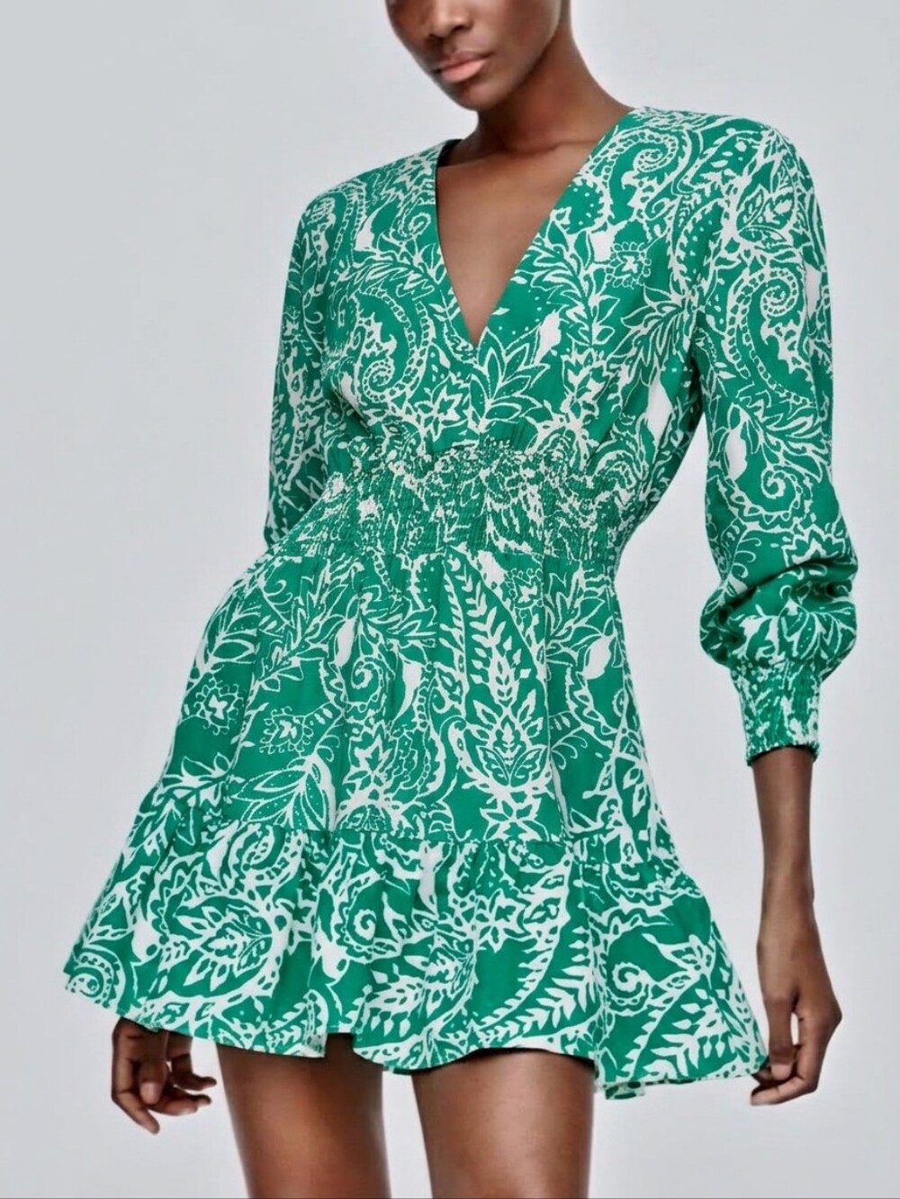 Sz M Zara Linen Cotton Blend Paisley Green Ruffle Mini Dress